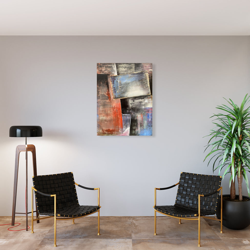 The artwork 'Tilted Window' by Suejin Jo features an abstract composition with geometric shapes in rust red, cool blues, and muted grays. Angular forms suggest architectural elements, with a central tilted rectangular shape resembling a window frame. Textured brushstrokes create depth and movement across the oil on canvas, while contrasting warm and cool tones establish visual balance. 44x34 inches. By Suejin Jo.