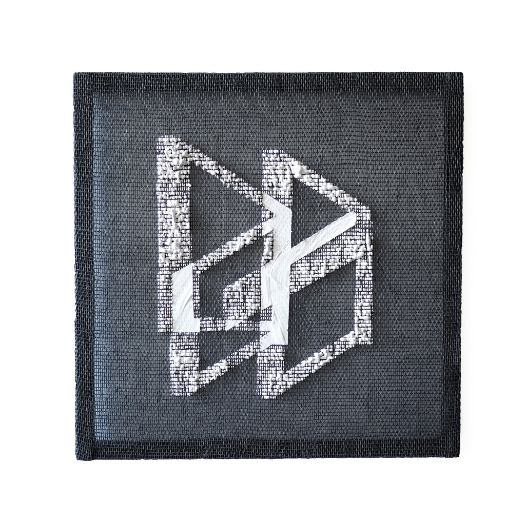 The artwork 'Time Moves Different Now IV' by Morgan Hale features a minimalist geometric design in white against a dark gray background. The handwoven linen texture creates a striking contrast with abstract parallel lines and angular shapes forming a modernist composition. The plaster elements add dimensional depth to the 12x12 inch piece, creating a sophisticated interplay of texture and form.
