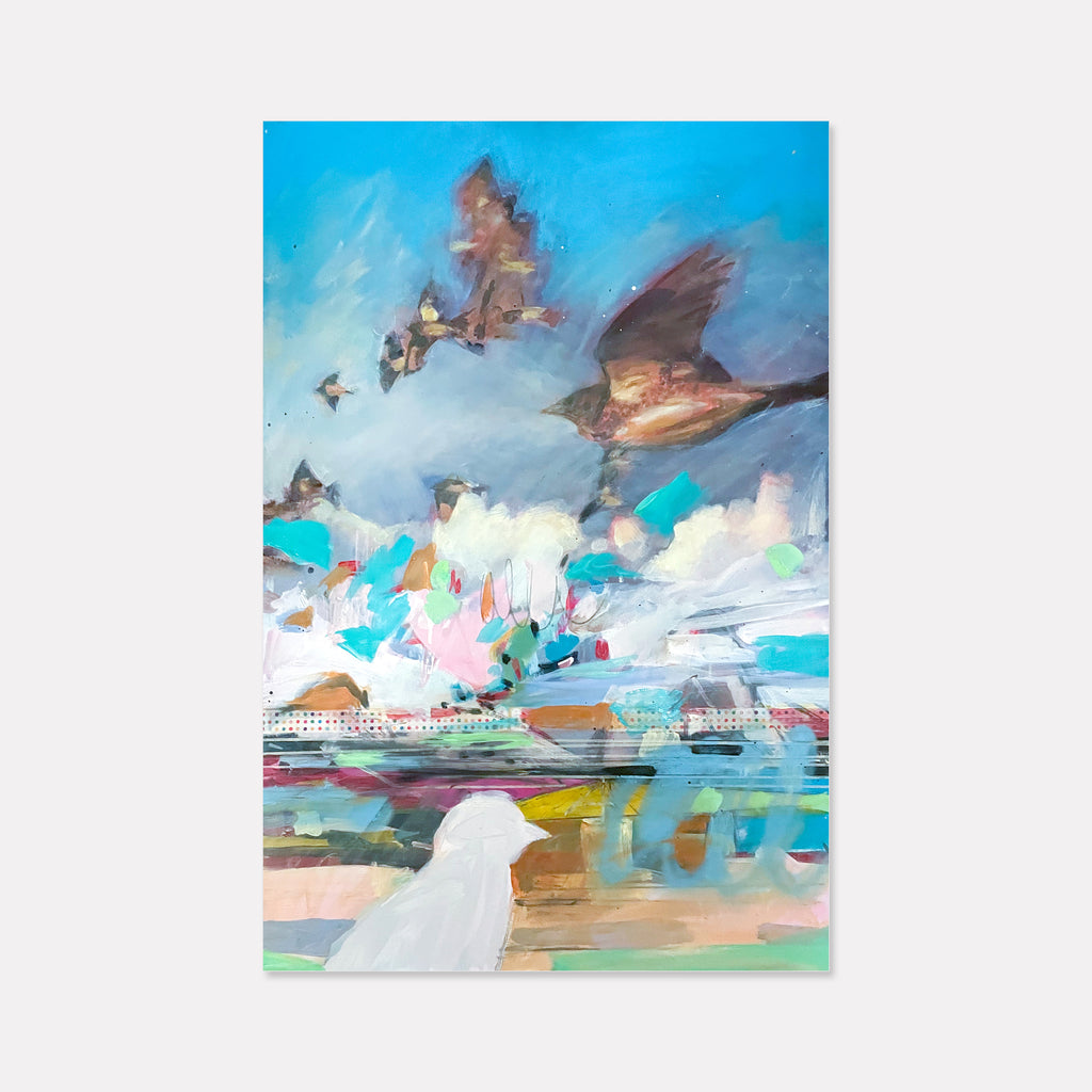 The artwork 'Times' by Chris Baily features a vibrant abstract landscape with birds in flight against a dynamic turquoise sky. The mixed media canvas combines sweeping brushstrokes of pastel pinks, browns, and whites, creating a dreamlike coastal scene. Bold aqua tones merge with wispy clouds, while dark silhouettes of birds soar through the ethereal composition by Chris Baily.
