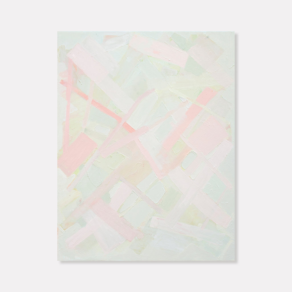 The artwork 'Tinge' by Julie Shapiro features delicate brushstrokes in soft pastel hues, blending mint green and coral pink in an abstract expressionist style. The oil painting showcases dynamic diagonal movements across the canvas, creating a light, airy composition with subtle textural elements and translucent layering of paint.