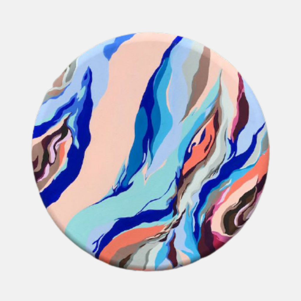 The artwork 'Tiros' by Ellannah Sadkin features fluid, wave-like patterns in a circular composition. Bold cobalt blue streams interweave with soft peach and turquoise swirls, creating a dynamic abstract flow. The 20x20 inch acrylic painting combines organic curves with contrasting colors, showcasing a marbled effect on canvas.