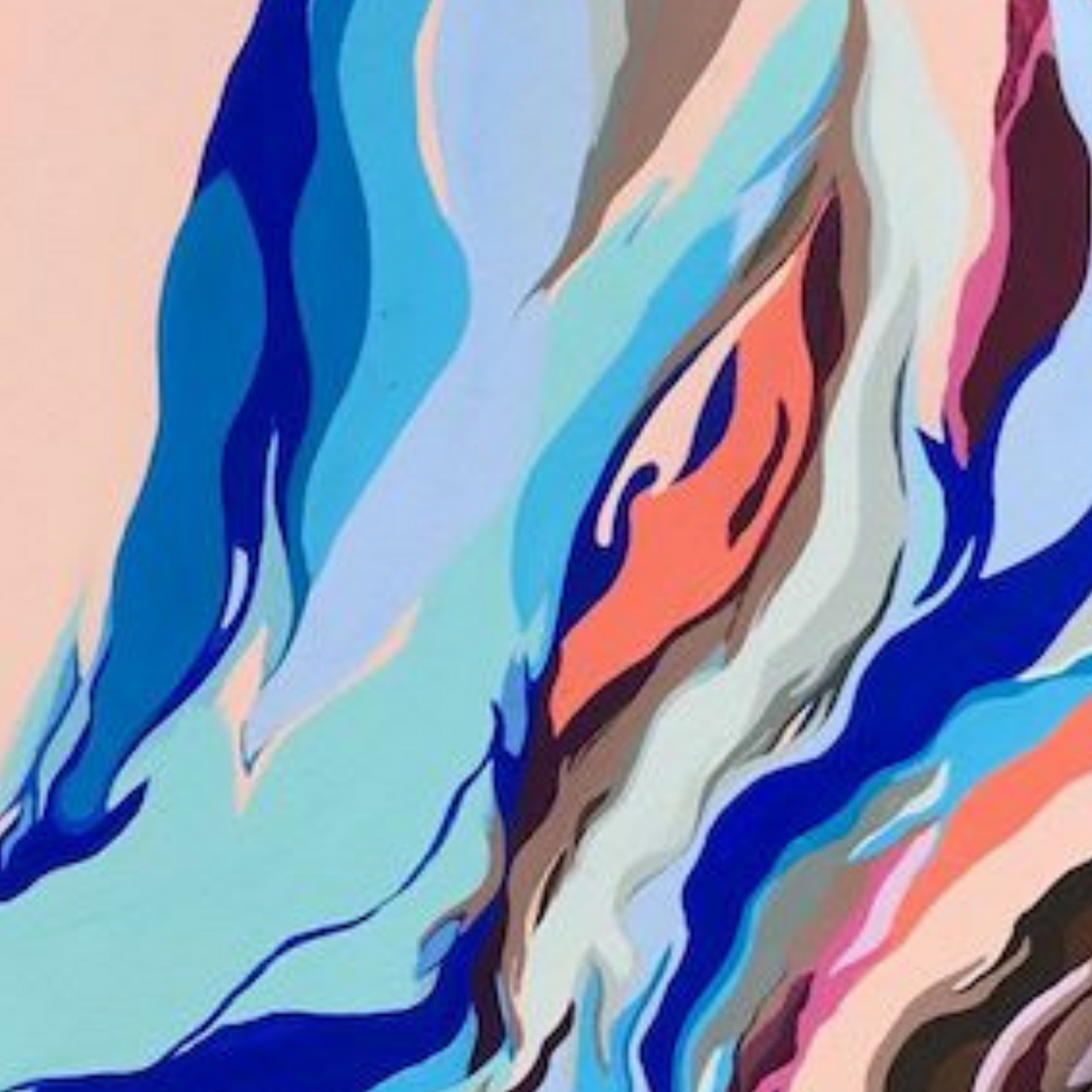 The artwork 'Tiros' by Ellannah Sadkin features fluid, wave-like patterns in vibrant colors including deep blues, coral orange, soft turquoise, and pale pink. Abstract flowing lines create a dynamic movement across the 20x20 inch acrylic canvas, resembling a marbled effect with smooth color transitions and organic shapes.