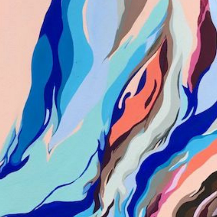 The artwork 'Tiros' by Ellannah Sadkin features fluid, wave-like patterns in vibrant colors including deep blues, coral orange, soft turquoise, and pale pink. Abstract flowing lines create a dynamic movement across the 20x20 inch acrylic canvas, resembling a marbled effect with smooth color transitions and organic shapes.