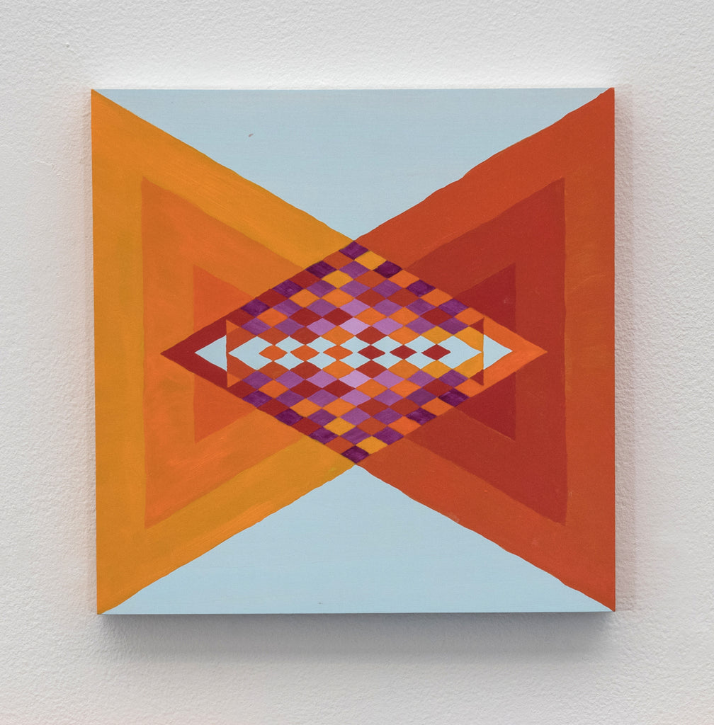 The artwork 'To the Point' by Amber Heaton features a geometric abstract design with a diamond-shaped checkerboard pattern in purple, orange, and white at the center. Two symmetrical triangles in vibrant orange and burnt sienna frame the pattern against a pale blue background. Acrylic on 12x12 inch panel.