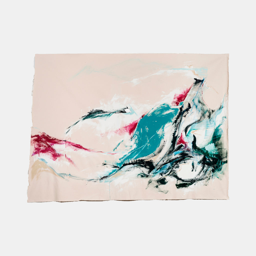 The artwork 'Inner Vista' by W Lu features dynamic abstract brushstrokes in turquoise, crimson, and black against a soft beige background. The acrylic painting showcases fluid, wave-like movements with expressive gestural marks, creating a sense of motion and emotional depth across the 50x75 inch canvas. The composition flows horizontally with bold aqua tones contrasting against deep red accents.