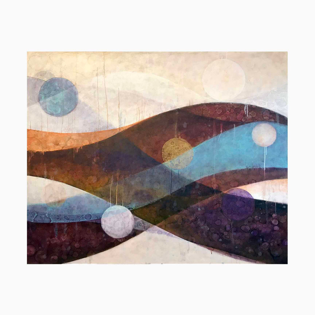 Wave 19 by Sonomi Kobayashi: Abstract landscape with flowing curves in deep browns and blues, featuring floating orbs and textured oil strokes