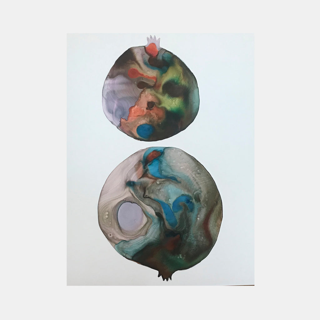 The artwork 'c2' by Arielle Stein features two circular abstract compositions in acrylic ink and watercolor. The top circle displays swirling coral, green, and gray tones, while the bottom circle showcases flowing turquoise and gray patterns with a distinctive white void center, creating a ethereal, fluid effect on paper. Created by Arielle Stein.