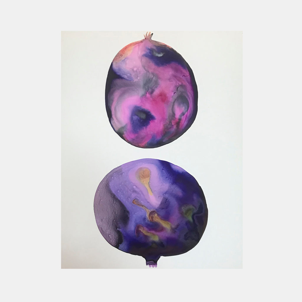 The artwork 'c3' by Arielle Stein features two abstract circular forms in vibrant watercolor and acrylic ink. The upper sphere displays swirling pink and purple hues with smoky gray undertones, while the lower sphere showcases deep purple marbling with golden accents, creating a cosmic, ethereal effect against a white background.