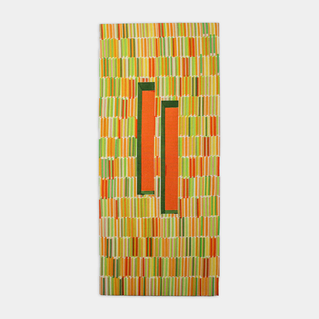 The artwork 'Composite 22' by Molly Koehn features a vertical geometric pattern of green and yellow stripes with two prominent orange rectangular forms centered in the composition. Hand screen printed on raw silk with dried plant elements, the piece creates a mesmerizing mosaic-like pattern of vertical bars in earthy tones, measuring 40 inches in height and 18 inches in width. - By Molly Koehn