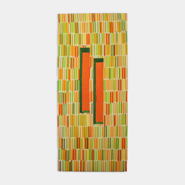 The artwork 'Composite 22' by Molly Koehn features a vertical geometric pattern of green and yellow stripes with two prominent orange rectangular forms centered in the composition. Hand screen printed on raw silk with dried plant elements, the piece creates a mesmerizing mosaic-like pattern of vertical bars in earthy tones, measuring 40 inches in height and 18 inches in width. - By Molly Koehn