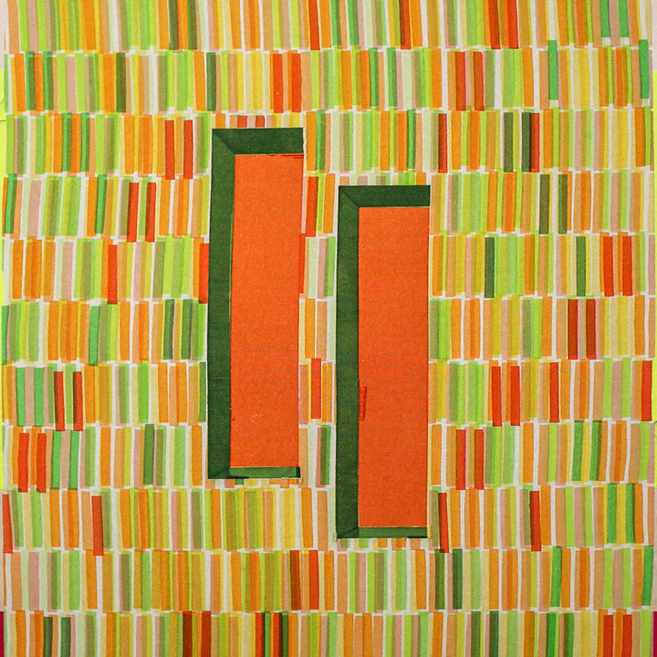 The artwork 'Composite 22' by Molly Koehn features vibrant vertical stripes in citrus colors - yellow, lime green, and orange - creating a rhythmic pattern across raw silk. Two bold rectangular shapes in orange and forest green punctuate the composition, contrasting with the striped background. Hand screen printed design showcases meticulous craftsmanship and geometric precision. By Molly Koehn.