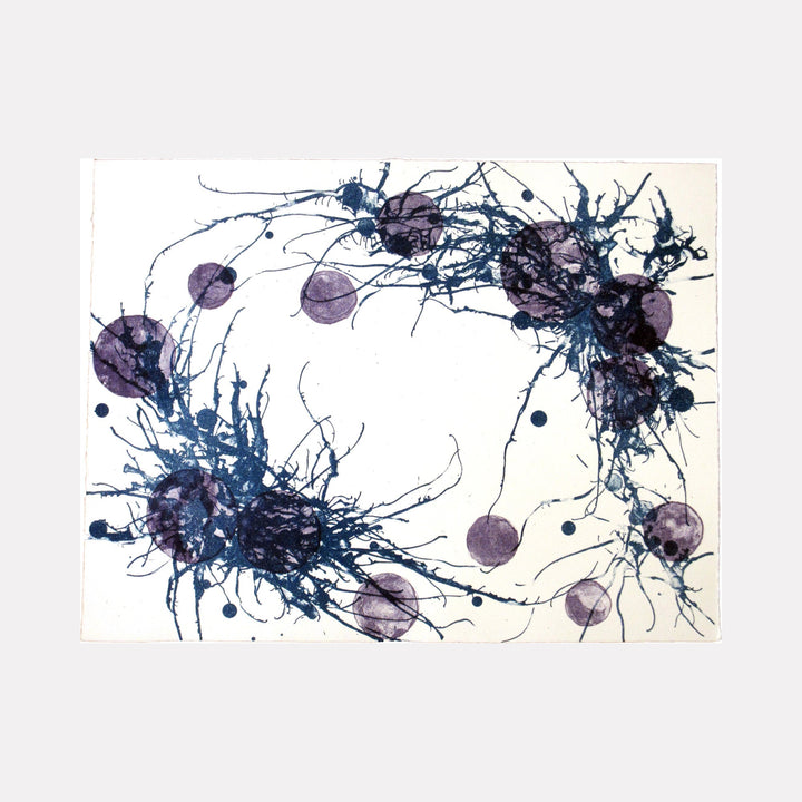 The artwork 'Cycle of Life 1 (Green & Violet)' features abstract splatter patterns in deep blue and violet hues, creating dynamic circular movements across a white background. Organic ink splatters and delicate linear marks connect violet spherical forms in a cyclical composition. This 13x17 lithograph print embodies fluid, spontaneous energy by Sonomi Kobayashi.