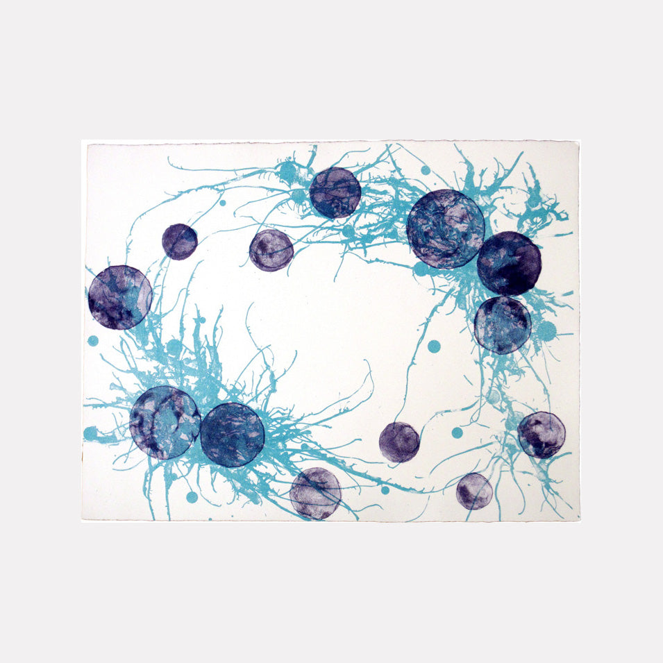 The artwork 'Cycle of Life 2' by Sonomi Kobayashi features abstract violet spheres arranged in a circular pattern, interconnected by dynamic light green splashes and delicate tendrils. The lithograph print showcases organic movement with watercolor-like textures on white background, creating a harmonious balance between structured forms and fluid expressions.