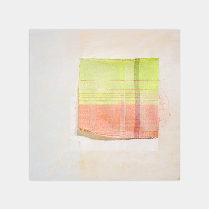 The artwork 'Dense Fog' by Molly Koehn features a delicate gradient from lime green to coral pink, created through handwoven stainless steel, linen, silk, and nylon on a white panel. The woven square appears textural and translucent, with subtle grid patterns and loose threads, evoking a misty atmospheric effect. By Molly Koehn.