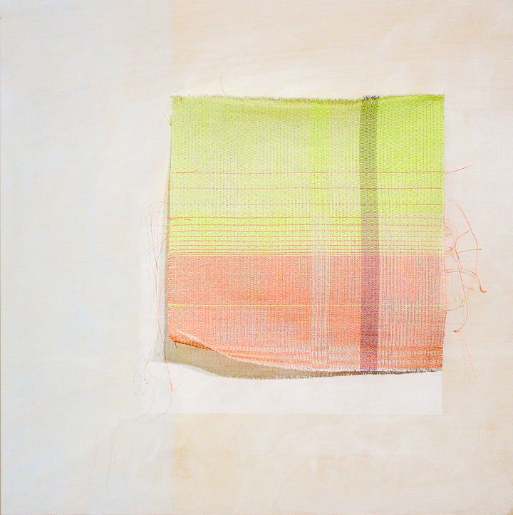 The artwork 'Dense Fog' by Molly Koehn features a delicate square composition of handwoven materials, blending lime green and coral pink hues in horizontal striations. The textural interplay of stainless steel, linen, silk, and nylon creates a gossamer-like effect against a neutral background, with subtle colored pencil details enhancing the ethereal quality.