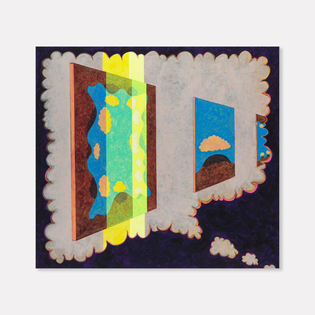 The artwork 'door closes on a room full of theoretical paintings' by Til Will features vibrant abstract compositions on canvas. Two floating frames against a dark background showcase geometric shapes in bright turquoise, yellow, and brown tones. A scalloped cloud-like border frames the scene, creating depth and dimension in this 51x56 inch acrylic painting. By Til Will.