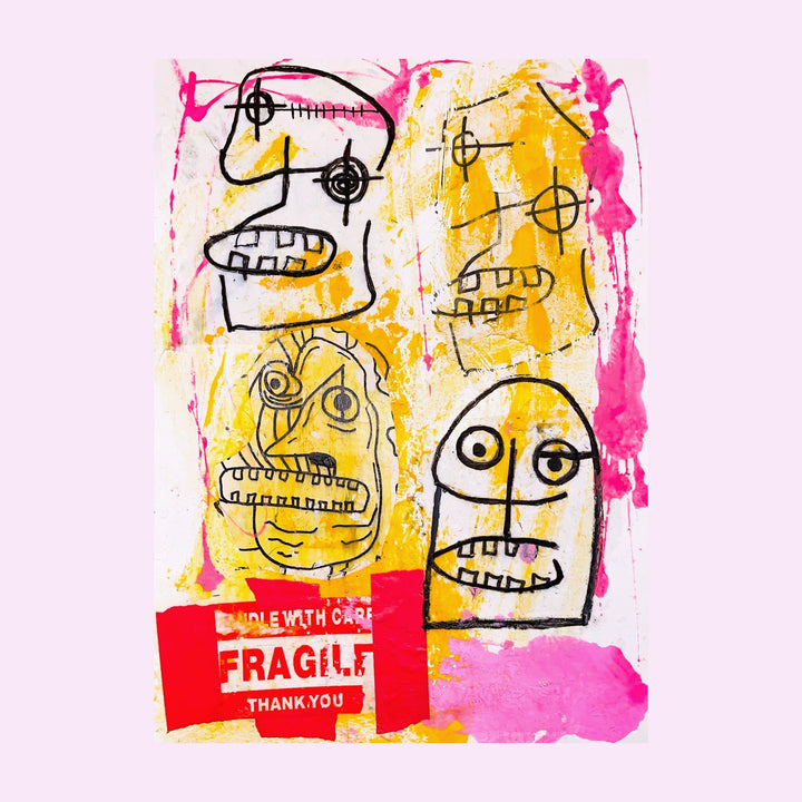 The artwork 'Faces Collage' by Brandon Hodges features abstract sketched faces with bold black outlines against a vibrant yellow and pink watercolor background. The primitive-style drawings show expressive faces with geometric eyes and angular teeth, complemented by a red 'FRAGILE' label at the bottom. The piece combines raw, graffiti-inspired linework with splashes of energetic color. 12x9 inches.
