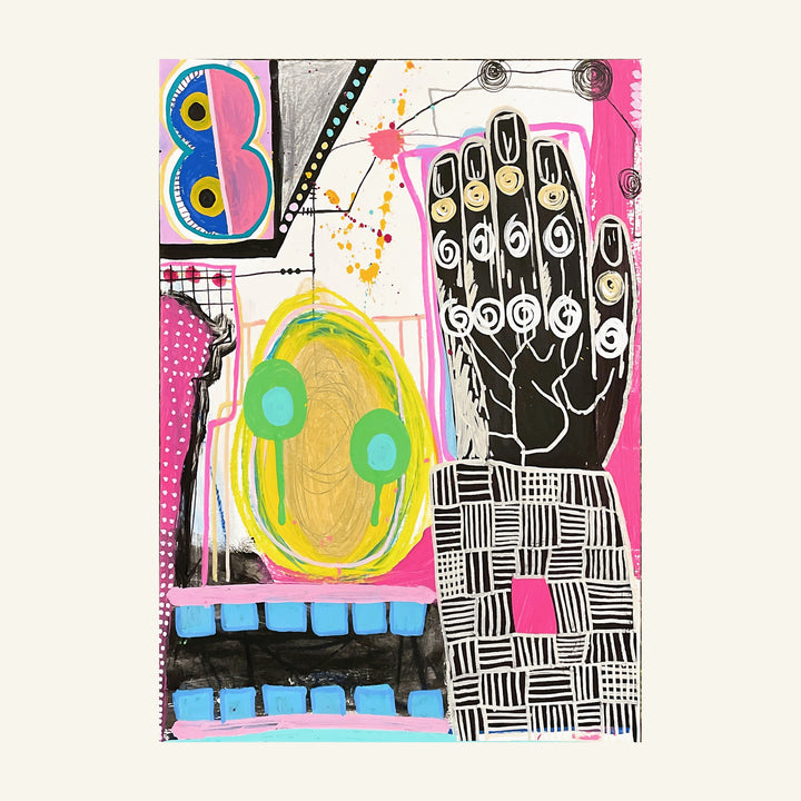 The artwork 'Hand Drawing' features a vibrant mixed-media composition with a prominent black hand design, geometric patterns, and playful elements including a stylized blue number 8 with yellow eyes, pink accents, and yellow-green circular forms. Black and white checkered patterns contrast with splashes of neon pink and orange paint splatters. Artwork by Brandon Hodges.