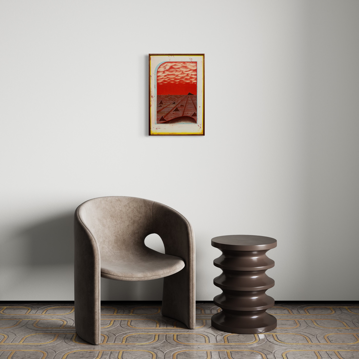 Star of time from the bad luck coin by Evan Peltzman: Modern abstract artwork featuring a dramatic red-toned perspective landscape with geometric patterns, rendered in ink and plaster on wood panel, framed in gold, displayed above a minimalist furniture setting with textured floor patterns. 19x13 inches wall mounted artwork.