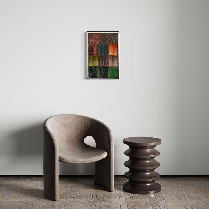 A photo of the artwork Turn that wheel and play with the sun, by Evan Peltzman, hanging on a wall.
