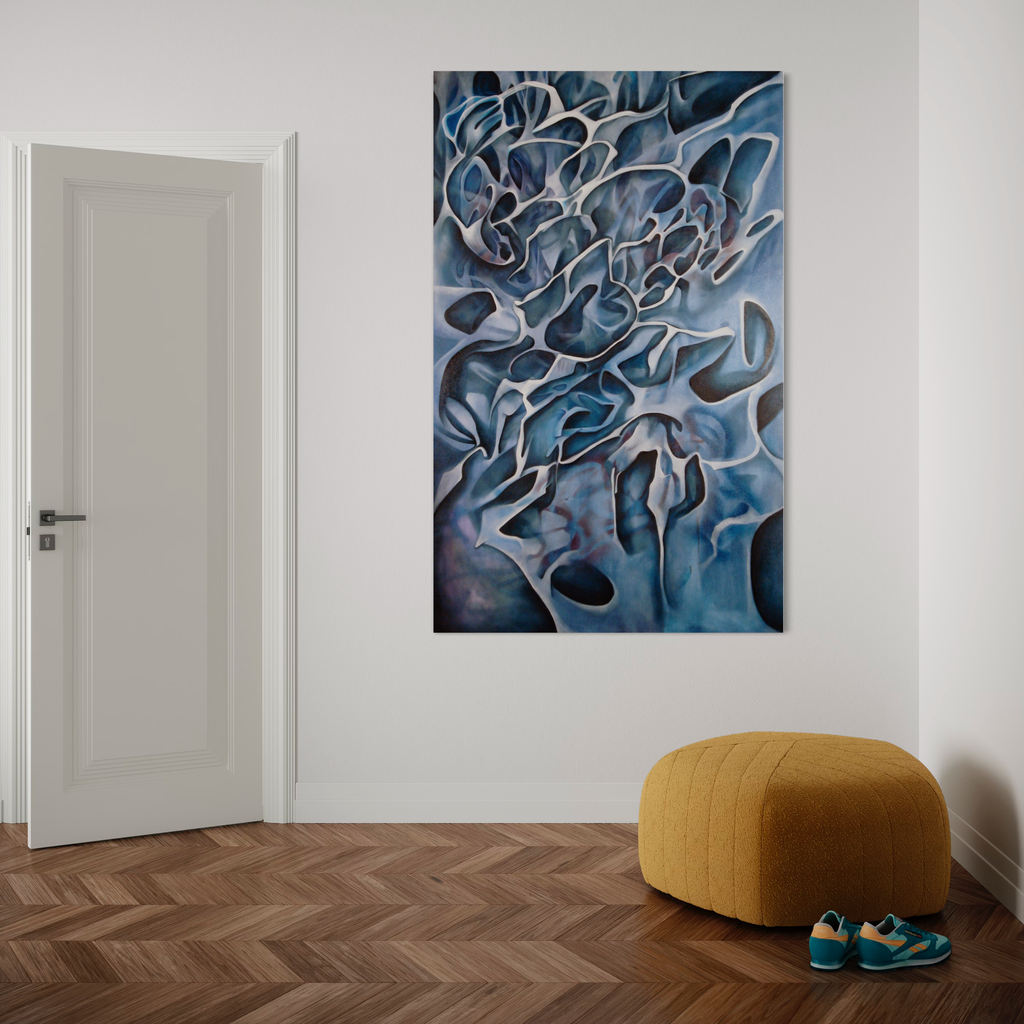A photo of the artwork Almost Blue, by Megan Olson, hanging on a wall.