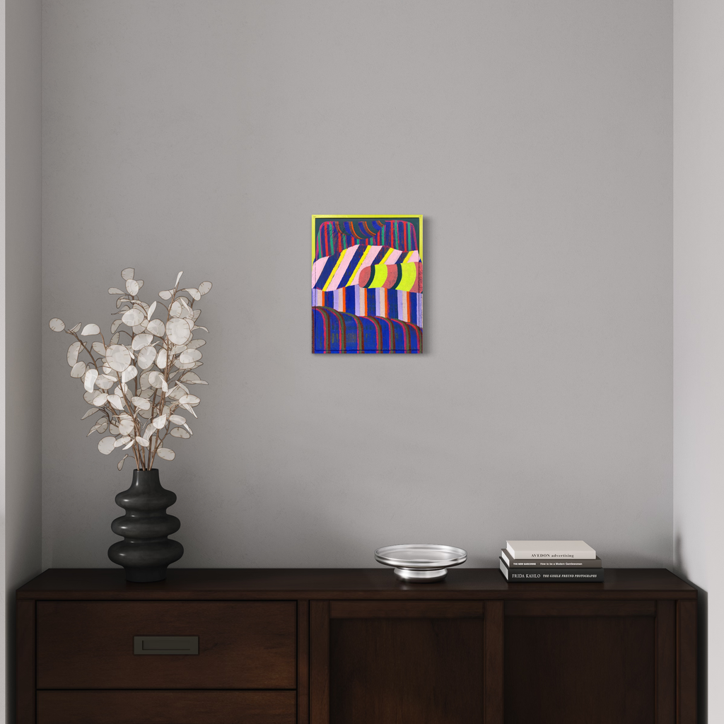 The artwork 'Velvet Water' by Natalie Lanese features bold geometric stripes in yellow and white against a deep blue background, creating a dynamic pattern with rhythmic vertical movement. The mixed media piece combines Flashe, acrylic, oil, and pumice, mounted in a found frame with a lime green border, displaying a modern abstract aesthetic.