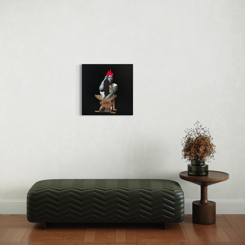 The artwork 'A Queen on Her Throne' by Courtney Minor features a dramatic collage composition on black background showing a seated figure adorned with a striking red headpiece. The mixed-media collage on canvas combines vintage and contemporary elements, creating a regal silhouette against a deep dark backdrop, measuring 20x20 inches. By Courtney Minor.