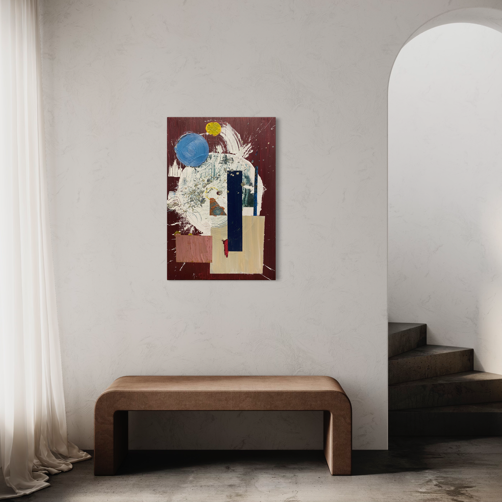 The artwork 'A View From The Crown' by Dom Hiddo features an abstract composition with a deep burgundy background, showcasing geometric shapes including a striking blue circular form and bold vertical navy stripe. Mixed media techniques blend acrylic and oil on canvas, creating textural white splashes and layered elements in warm neutral tones.