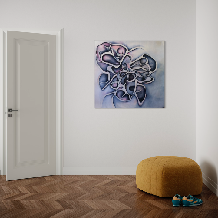 The artwork 'Anemone' by Megan Olson features abstract swirling forms in muted blue and mauve tones, creating a fluid, organic composition reminiscent of underwater movement. The watercolor and ink blend seamlessly on paper, producing ethereal transitions and graceful curves that evoke the gentle motion of sea anemones. Displayed against a clean white wall, paper unframed. By Megan Olson.