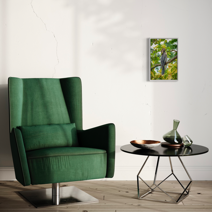 The artwork 'Anhinga 2' by Fabienne Sowa-Dobkowski, framed photography depicting a sleek waterbird perched among vibrant green foliage, displayed in interior setting with emerald velvet armchair and modern black side table. Archival luster print emphasizes the bird's natural habitat and striking form. 17x11 inches.