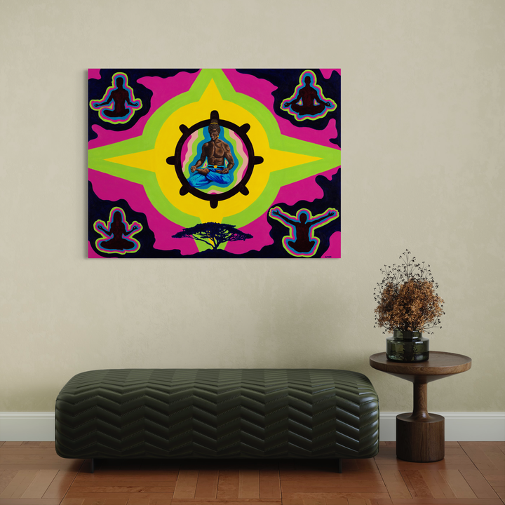 The artwork 'Ascension II Rise of the Buddha Nature' by Damon Powell features a vibrant mandala-style composition with a central circular motif surrounded by neon pink, yellow, and green radiating patterns. A meditative figure sits within a black circular frame, while geometric silhouettes echo in the corners against a deep navy background. Acrylic on canvas, 36x48 inches.