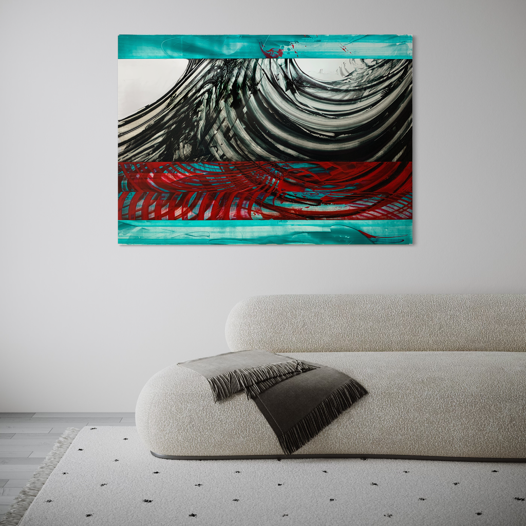 The artwork 'Atomic Tide' by John Cox features dynamic swirling black waves against a turquoise sky, with a bold crimson band sweeping across the lower third. Abstract expressionist acrylic painting on canvas captures fluid movement and dramatic contrast through bold brushstrokes. Measures 45x65 inches.