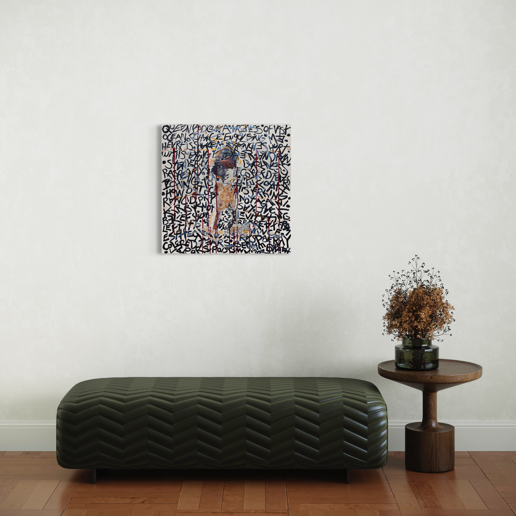 The artwork 'Boudicea' by Courtney Minor features a central figure emerged in a sea of intricate black and white text-like patterns creating a mosaic effect. The 24x24 inch collage on canvas combines vintage imagery with contemporary typography, displayed above a dark green chevron-textured bench against a white wall. Artwork by Courtney Minor.