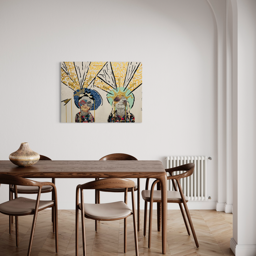 The artwork 'Bubby & Z' by Courtney Minor features two stylized figures with elaborate headdresses against a golden backdrop. The collage on canvas depicts radiating fan-like patterns in yellow and silver tones, creating dramatic crown-like elements above each figure. The composition combines mixed media techniques with bold geometric designs in a 30x40 inch format. Art by Courtney Minor.