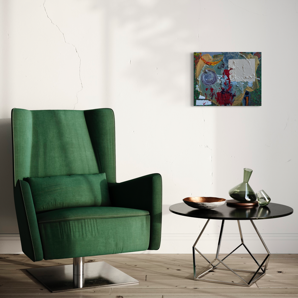 The artwork 'Deity of the underworld' by Dom Hiddo features an abstract composition with swirling blues, vibrant reds, and white elements, displayed in a modern interior setting above a black round table and emerald green velvet armchair. Mixed media painting using acrylic and oil on canvas, 16x20 inches. By Dom Hiddo.
