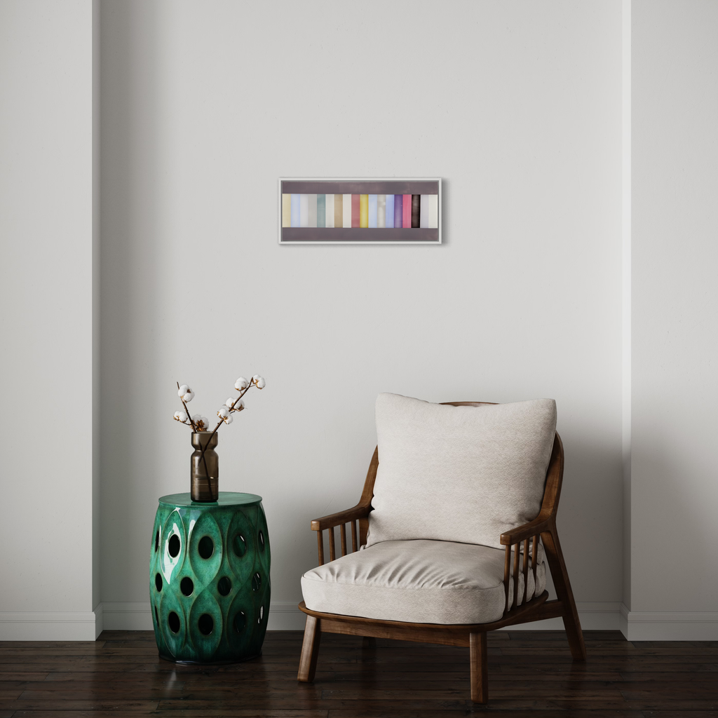 The artwork 'Each of the colors of winter cocooned by all of the colors of winter' by Debra Ramsay features vertical stripes in muted pastel hues including soft yellows, blues, mint greens, beiges, and pinks, framed by dark gray horizontal bands. The acrylic on polyester resin film creates a subtle sheen across the minimalist composition.