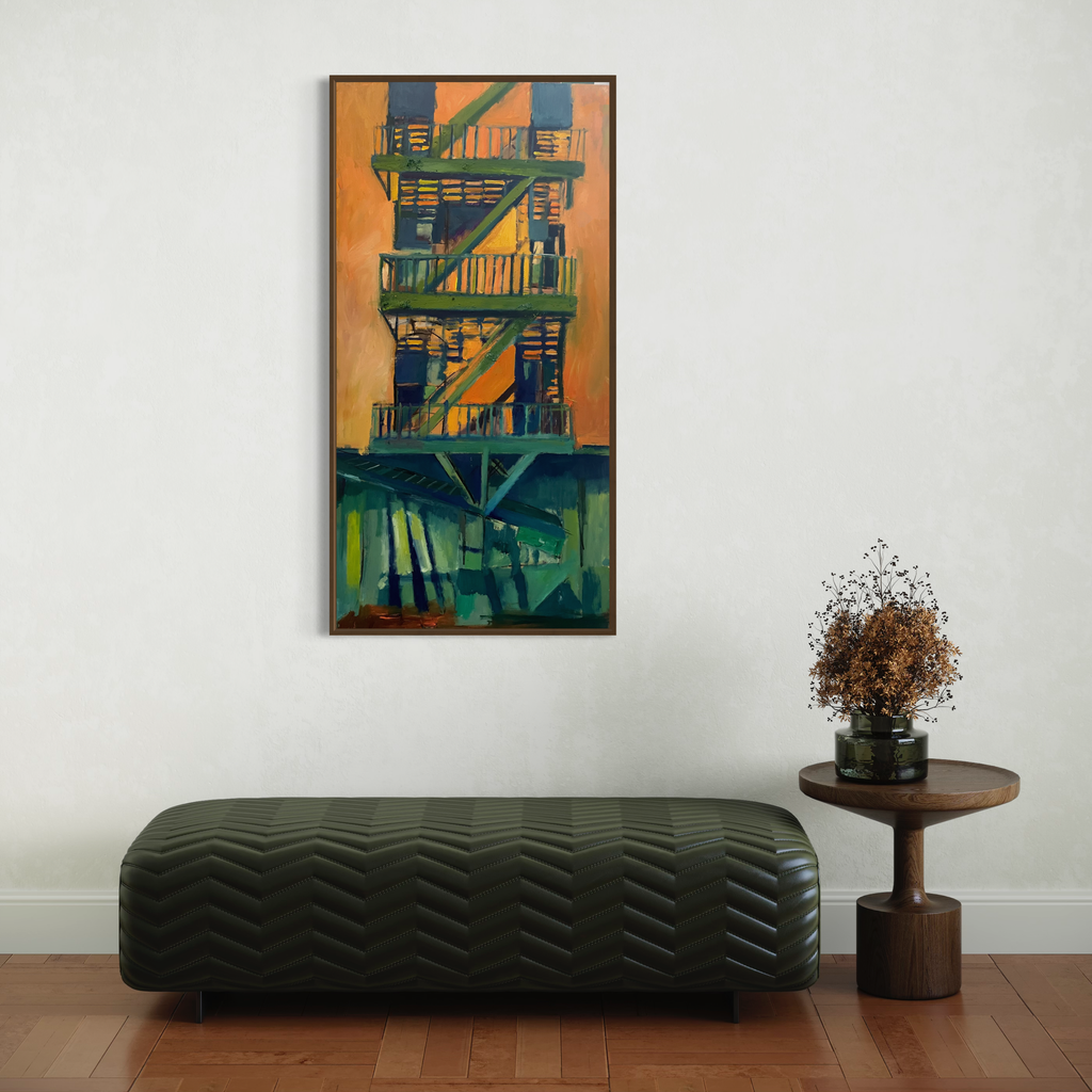 The artwork 'Escapes 1:11' by Darren Singer features a vibrant urban fire escape rendered in bold teal green against a warm orange backdrop, painted in oil on birch wood. The architectural composition showcases geometric patterns and dramatic shadows, creating a striking contrast between industrial elements and abstract interpretation of city life.
