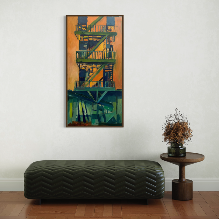 The artwork 'Escapes 1:11' by Darren Singer features a vibrant urban fire escape rendered in bold teal green against a warm orange backdrop, painted in oil on birch wood. The architectural composition showcases geometric patterns and dramatic shadows, creating a striking contrast between industrial elements and abstract interpretation of city life.