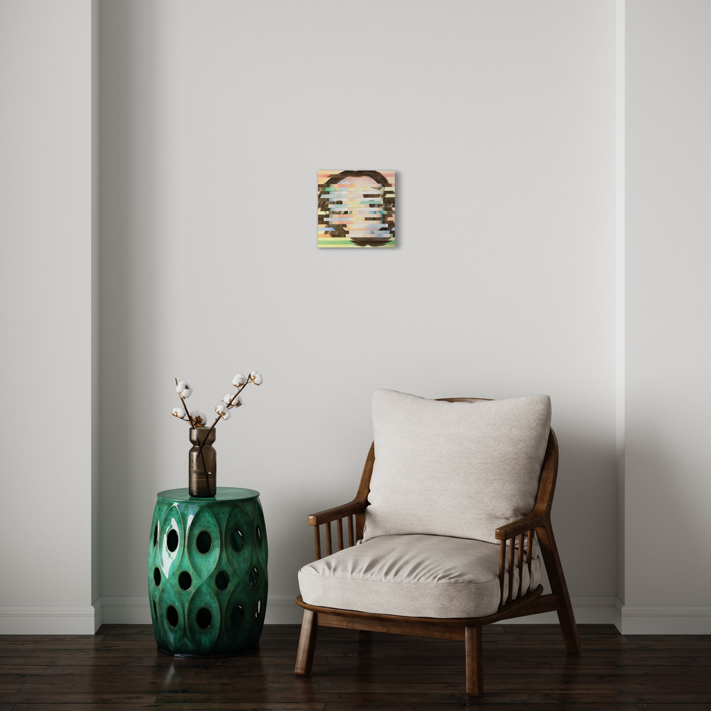 The artwork 'Faceless 4' by Patricia Fabricant features abstract horizontal stripes in muted earth tones and soft greens, executed in gouache on paper mounted on panel. The 12x12 inch piece displays layered brushstrokes creating a rhythmic, textural composition that suggests movement and depth. Displayed above a mid-century modern chair and emerald ceramic stool. By Patricia Fabricant.
