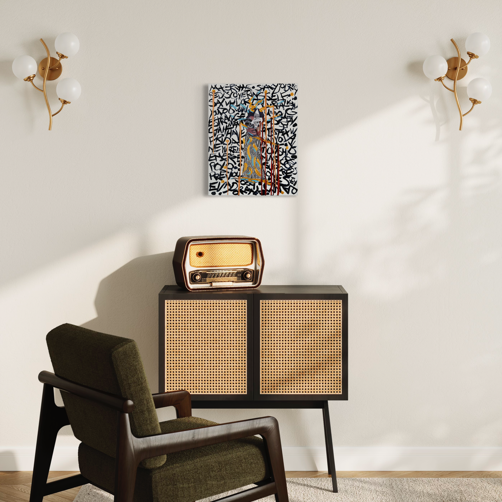 The artwork 'Magritte' by Courtney Minor features a collage composition on canvas displayed in a minimalist interior setting, mounted above a vintage-style cabinet with cane detailing. The artwork showcases a central figure against a dynamic black and white pattern background. Art size 20x16 inches, balanced by brass wall sconces. By Courtney Minor.