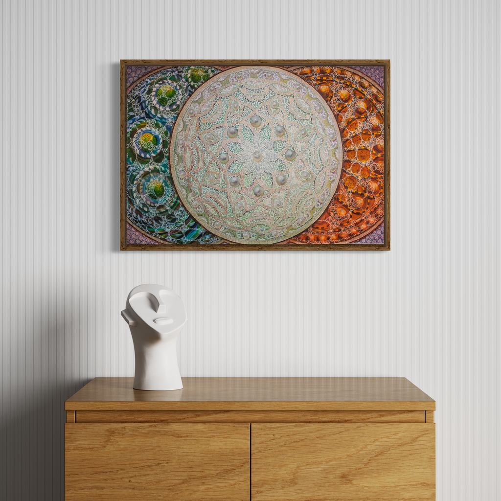 The artwork 'Many Chambers' by Amy Cheng features a central luminous white sphere adorned with intricate geometric patterns, flanked by vibrant swirling designs in turquoise blue and warm orange. Abstract circular motifs create a mesmerizing mandala-like composition, showcasing delicate linework and harmonious color transitions in this archival pigment print. Artwork by Amy Cheng.