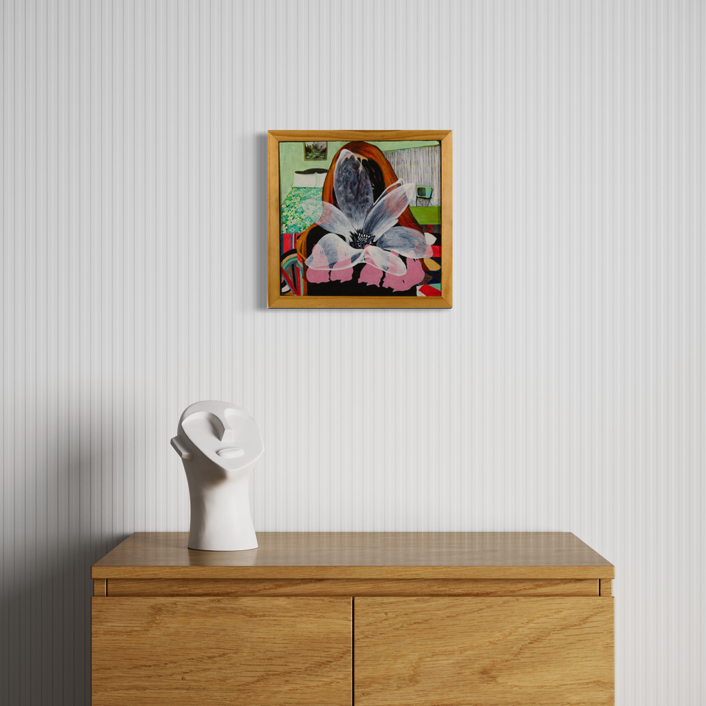 Misadventure by Ray Borchers: Abstract collage featuring bold geometric shapes in gray, pink and green, framed in natural wood, acrylic on wood