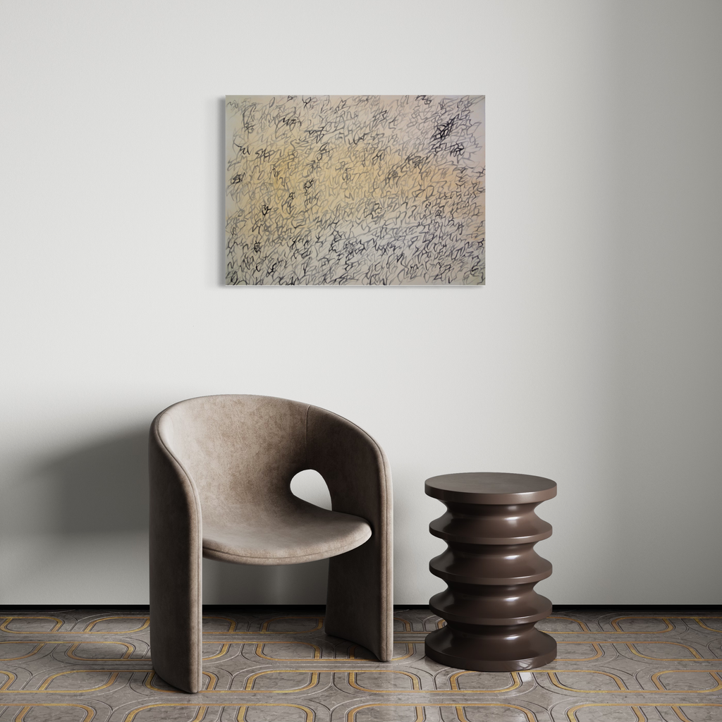The artwork 'Momentary Reprieve' by Megan Olson features delicate watercolor textures in soft beige and gray tones, creating an abstract landscape-like composition with subtle speckled patterns and organic brushwork. Displayed above modern furniture, the unframed 22x30 inch piece showcases ethereal washes and gestural marks that evoke a sense of tranquil movement.