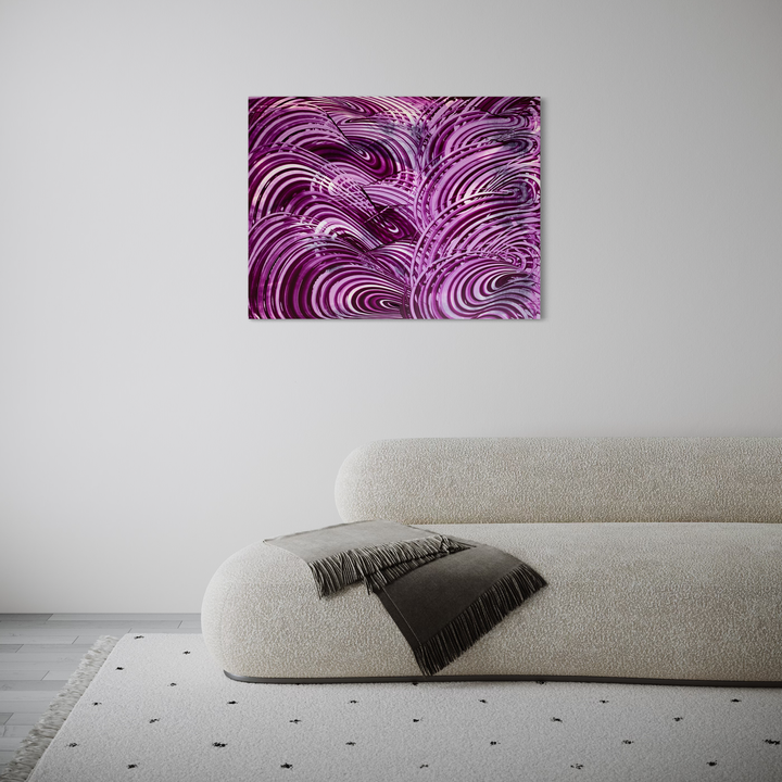 The artwork 'More of the Same Thing' by John Cox features dynamic swirling patterns in rich purple and magenta hues. Abstract curved lines create a mesmerizing wave-like motion across the acrylic canvas, with varying tonal gradients flowing from deep plum to light lavender. The 32x42 inch piece displays a rhythmic, repetitive design suggesting fluid movement and organic forms.