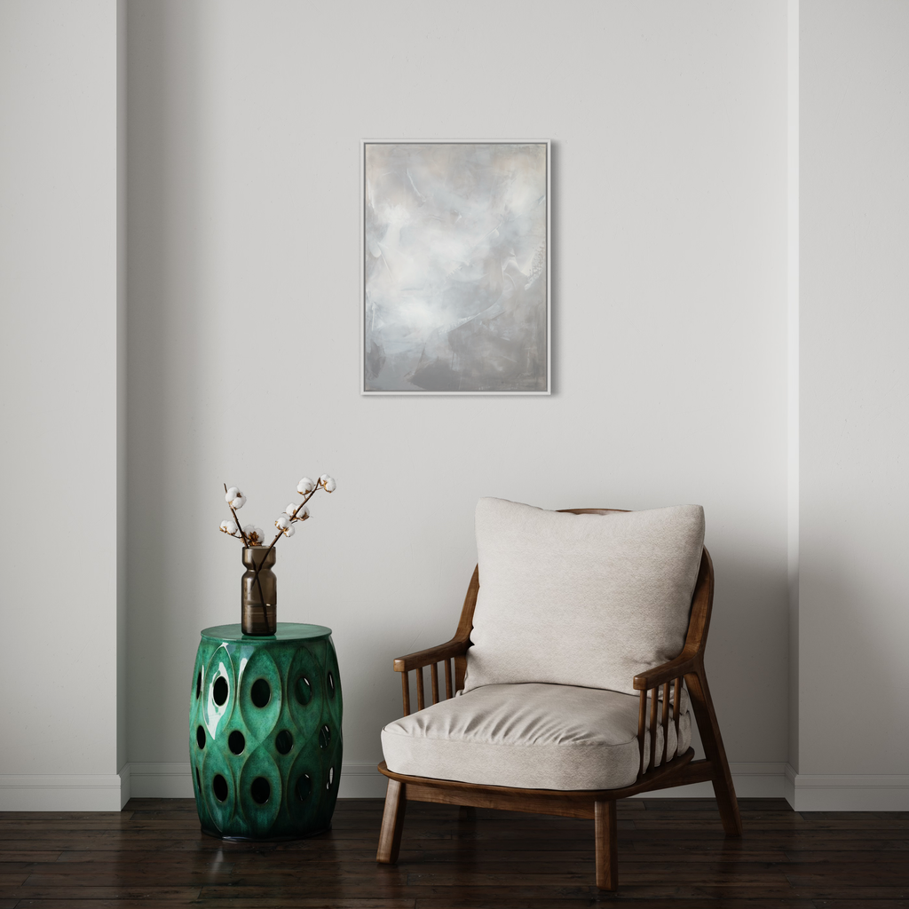The artwork 'Nothing Like a Cloud' by Debra Ramsay features ethereal swirls of soft grays and whites blending seamlessly on an acrylic panel, creating an atmospheric abstract composition that evokes the gentle movement of clouds. The 30x29-inch piece showcases delicate brushwork and layered translucent effects, capturing the essence of a misty sky.
