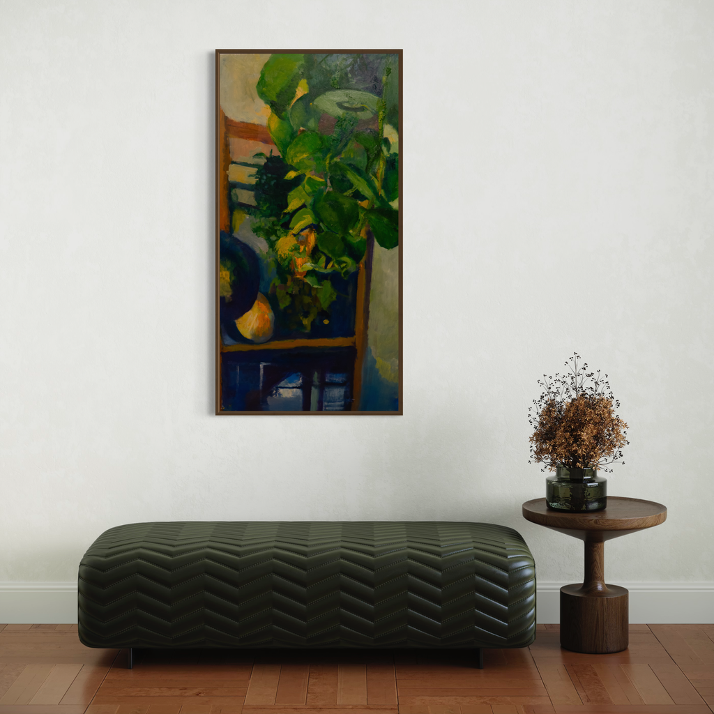The artwork 'Prussian Night' by Darren Singer features vibrant green foliage against a deep blue background, painted in expressive oil strokes on birch wood. The vertical composition showcases lush botanical forms with golden highlights, creating a dramatic contrast against darker tones. The 48x24 inch piece demonstrates contemporary still life techniques with rich textural elements by Darren Singer.