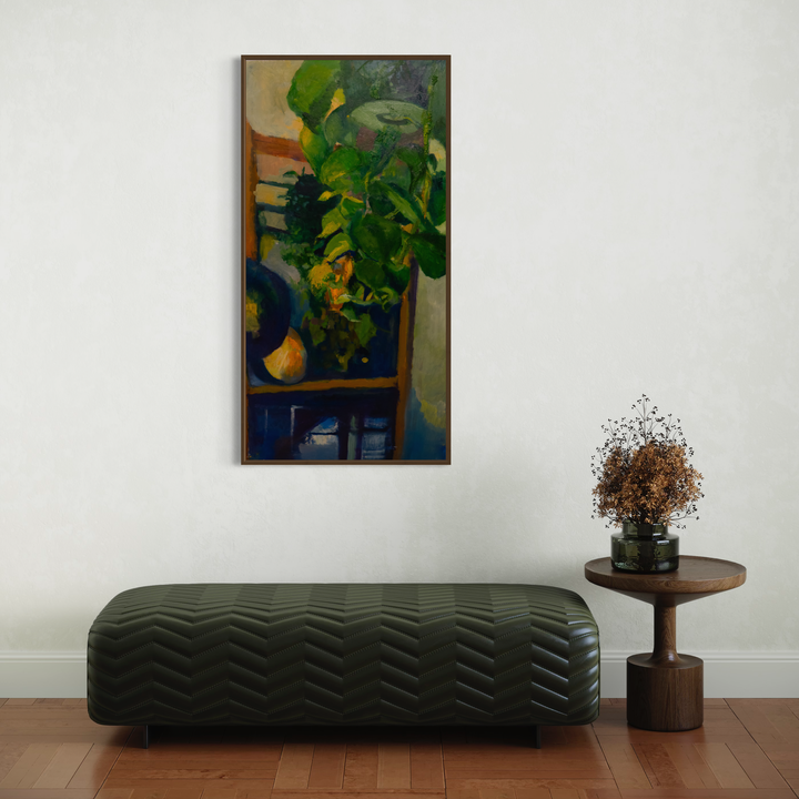 The artwork 'Prussian Night' by Darren Singer features vibrant green foliage against a deep blue background, painted in expressive oil strokes on birch wood. The vertical composition showcases lush botanical forms with golden highlights, creating a dramatic contrast against darker tones. The 48x24 inch piece demonstrates contemporary still life techniques with rich textural elements by Darren Singer.