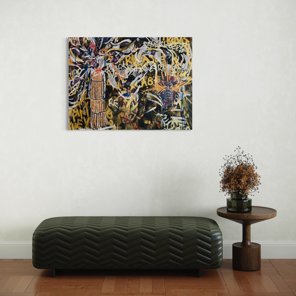 The artwork 'Redaction(s)' by Courtney Minor features an abstract collage composition with dynamic swirling patterns in black, gold, and navy blue. The piece showcases layered paper elements creating a chaotic yet harmonious flow, with distinctive vertical structures emerging from an energetic background. Mixed media collage on canvas, displayed above a modern leather ottoman. By Courtney Minor.