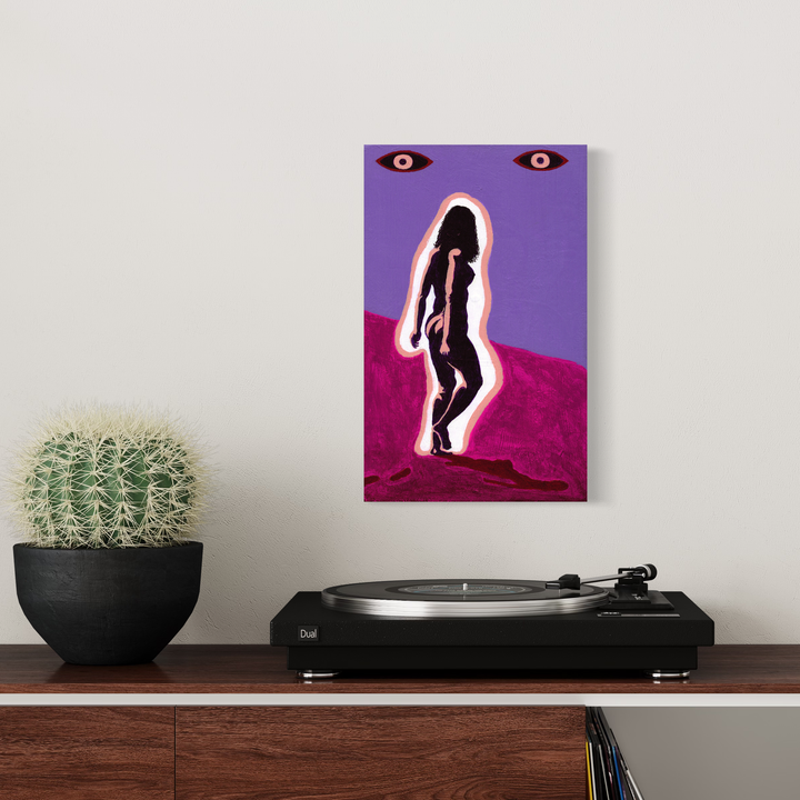 The artwork 'Resurrection of Love Resurrection' by Damon Powell features a silhouetted figure against a vibrant purple background, with glowing pink outlines creating an ethereal effect. The composition includes mysterious red eyes floating above, set against magenta-colored terrain in a contemporary surrealist style, painted in acrylic on wood.