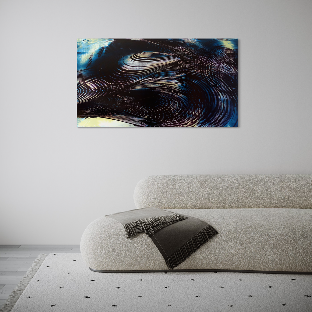 The artwork 'Rogue Station' by John Cox features dynamic swirling patterns in deep black and midnight blue, creating a cosmic wave effect against turquoise and yellow highlights. Abstract ripples and organic curves suggest celestial movement, painted in acrylic on canvas with fluid brushstrokes. The composition flows horizontally, measuring 57 inches wide by 32 inches high. By John Cox.